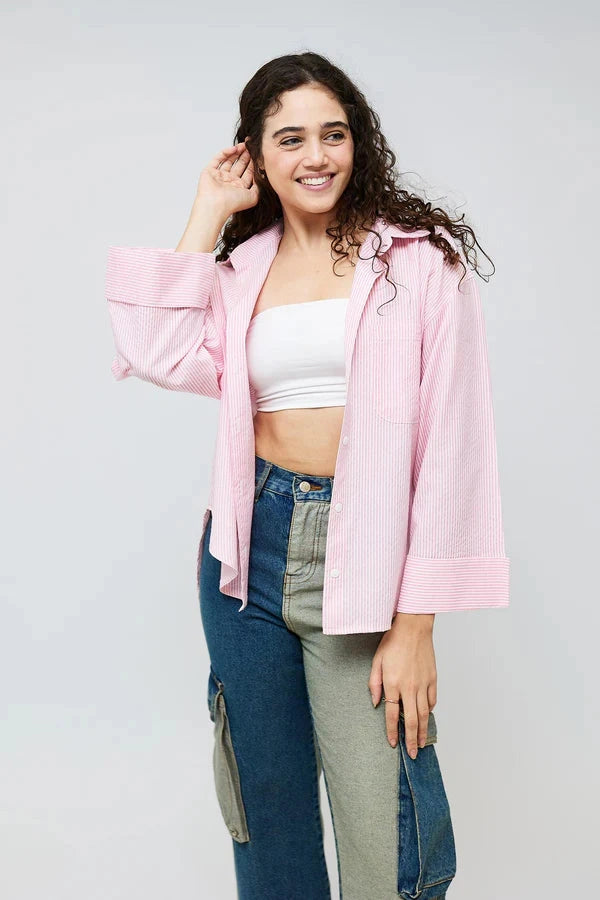 Hans-Casual Striped Oversized Shirt - Baby Pink