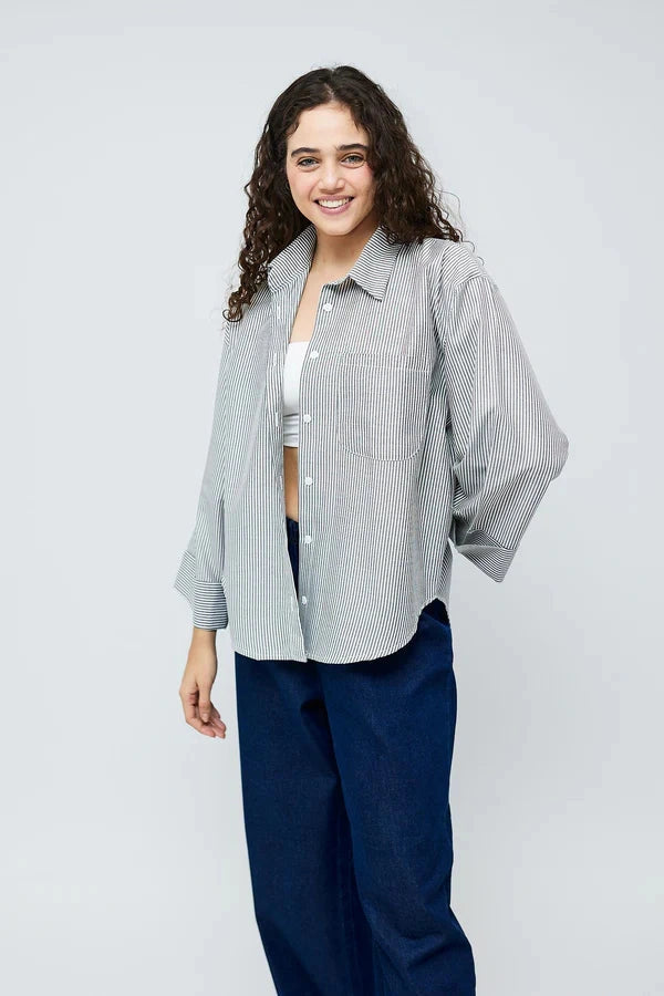 Hans-Casual Striped Oversized Shirt- Grey