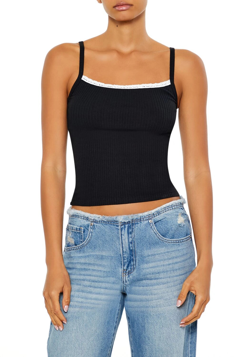 Forever21 -Ribbed Lace-Trim Cropped Cami-Women-sold bt FIG