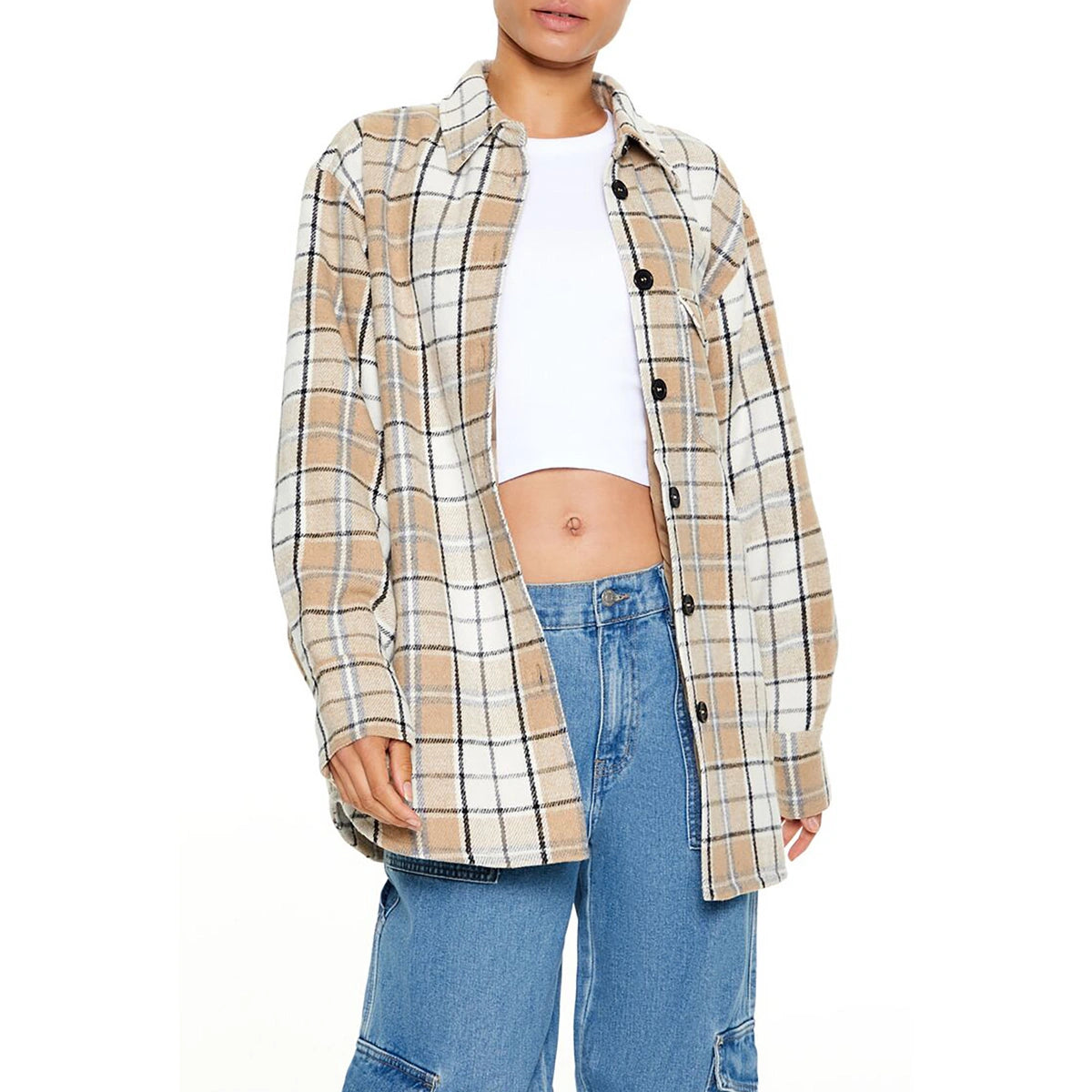 Forever 21 - Plaid Curved-Hem Shacket - Sold by FIG