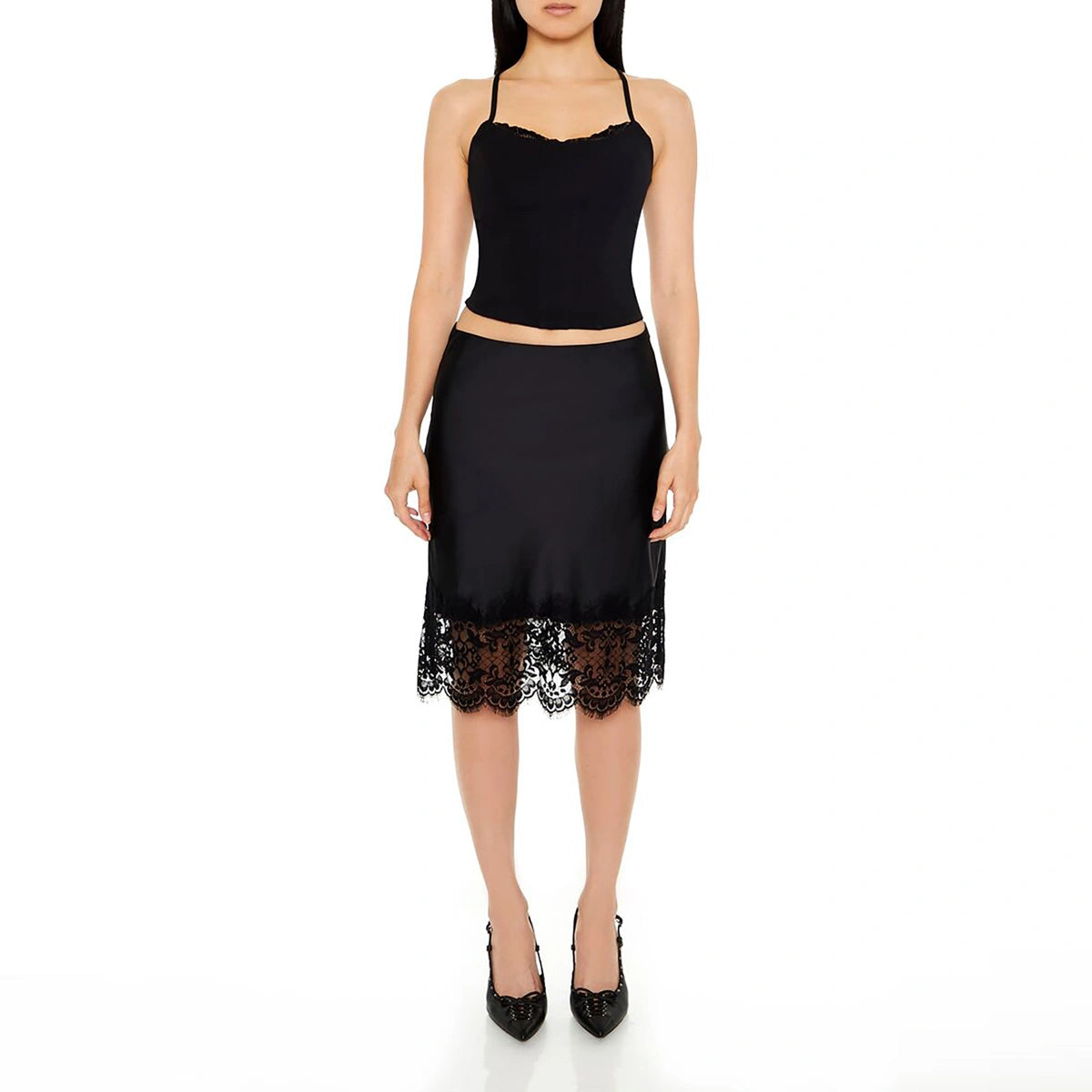 Forever 21 - Satin Lace-Trim Midi Skirt - Sold by FIG