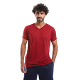 Red circle -  - Plain Pattern V Neck Slip On T-Shirt - Burgundy
