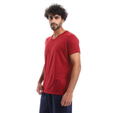 Red circle -  - Plain Pattern V Neck Slip On T-Shirt - Burgundy