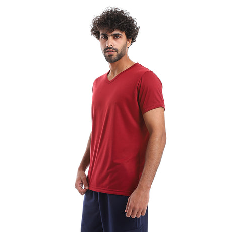 Red circle -  - Plain Pattern V Neck Slip On T-Shirt - Burgundy