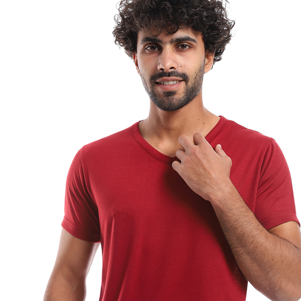 Red circle -  - Plain Pattern V Neck Slip On T-Shirt - Burgundy