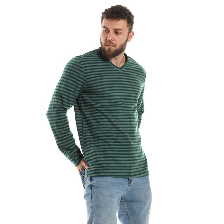 Red circle -  - V Neck Green Shades Slip On Striped Tee