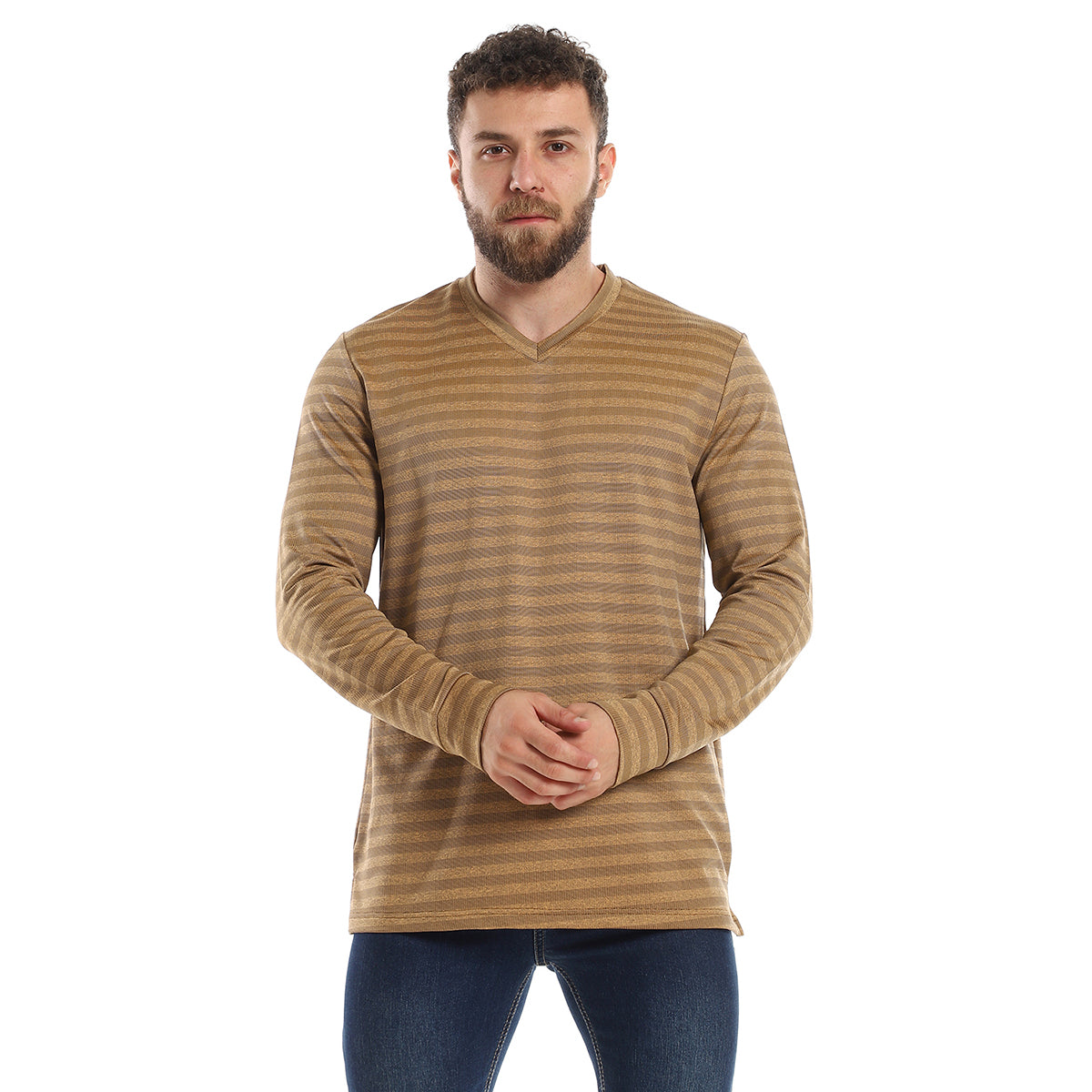 Red circle -  - Lightweight Slip On V-Neck Sweatshirt - Camel