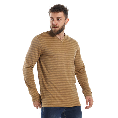 Red circle -  - Lightweight Slip On V-Neck Sweatshirt - Camel