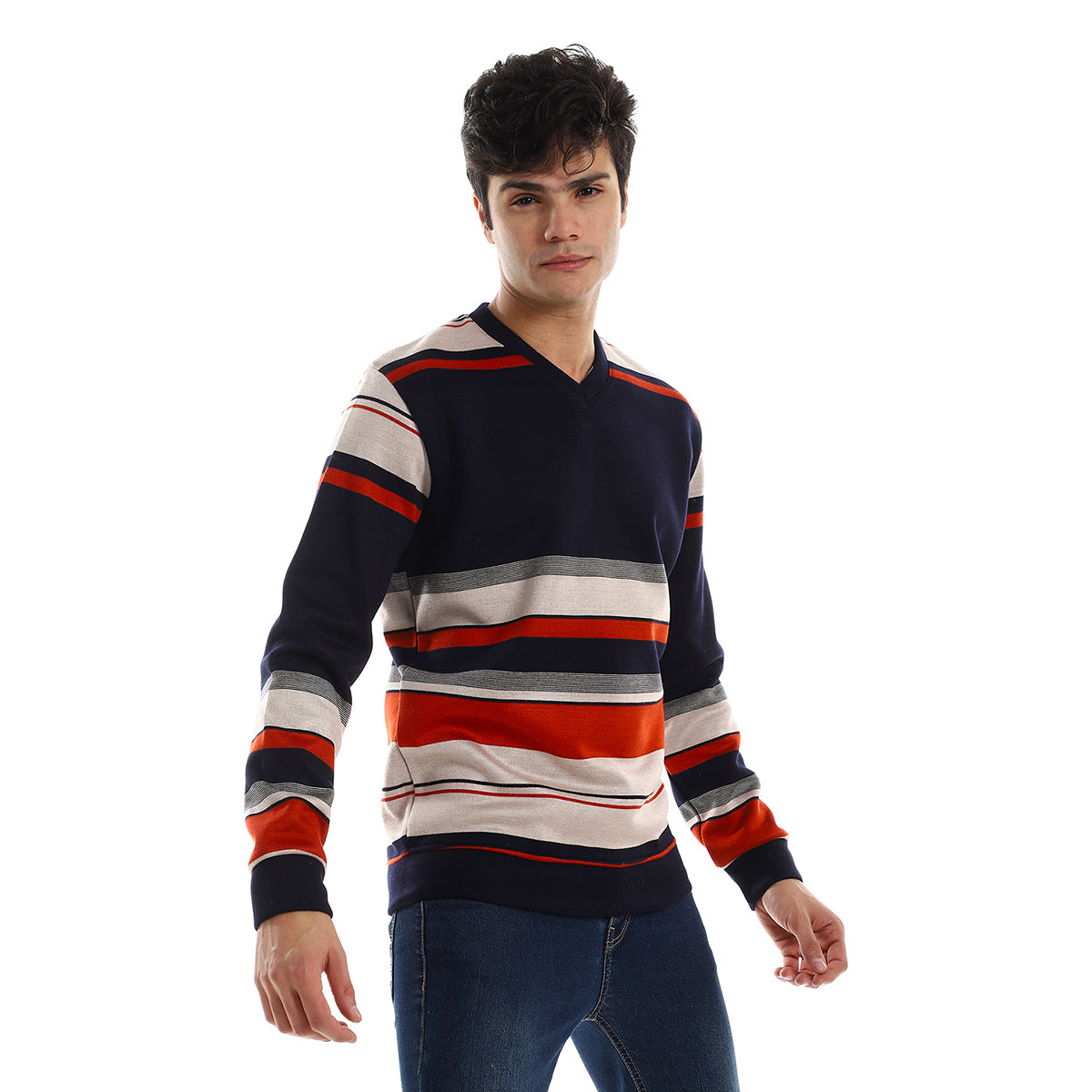 Red circle -  - Striped V-Neck Fleeced Pullover - Navy Bue