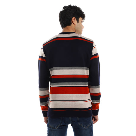 Red circle -  - Striped V-Neck Fleeced Pullover - Navy Bue