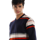 Red circle -  - Striped V-Neck Fleeced Pullover - Navy Bue