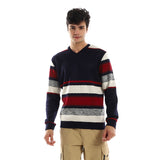 Red circle -  - Striped V-Neck Fleeced Pullover - Navy Bue