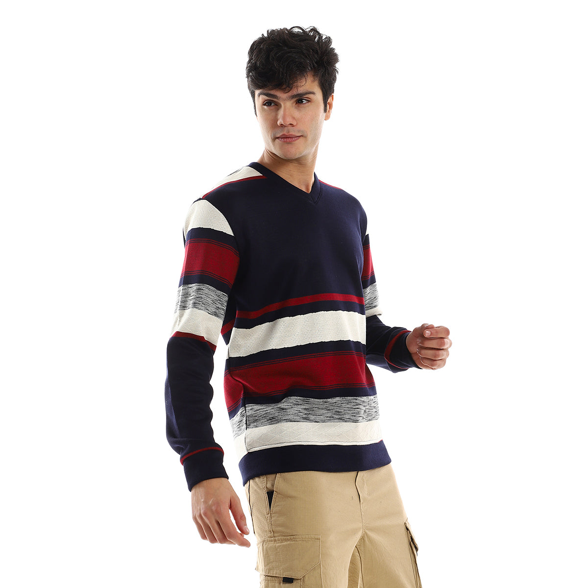 Red circle -  - Striped V-Neck Fleeced Pullover - Navy Bue
