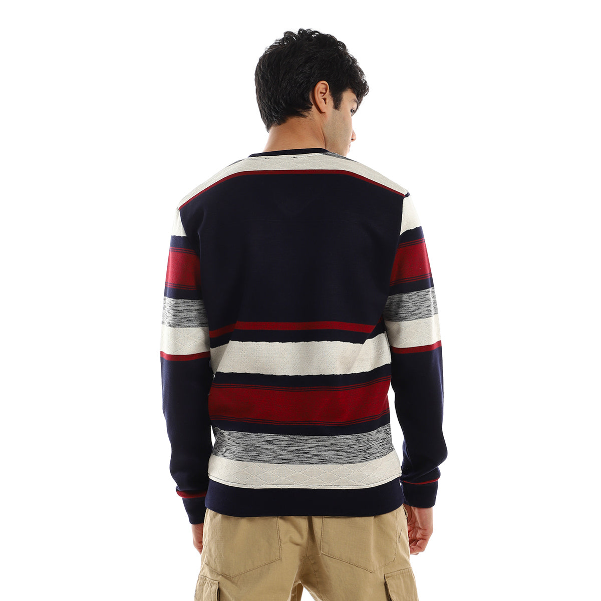 Red circle -  - Striped V-Neck Fleeced Pullover - Navy Bue