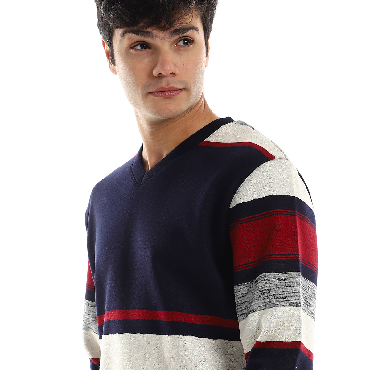 Red circle -  - Striped V-Neck Fleeced Pullover - Navy Bue