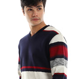 Red circle -  - Striped V-Neck Fleeced Pullover - Navy Bue