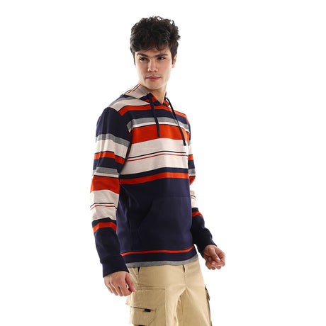 Red circle -  - Cotton Striped Slip On Hoodie - Navy Bue