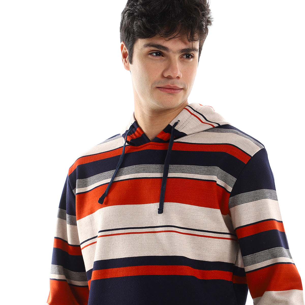 Red circle -  - Cotton Striped Slip On Hoodie - Navy Bue