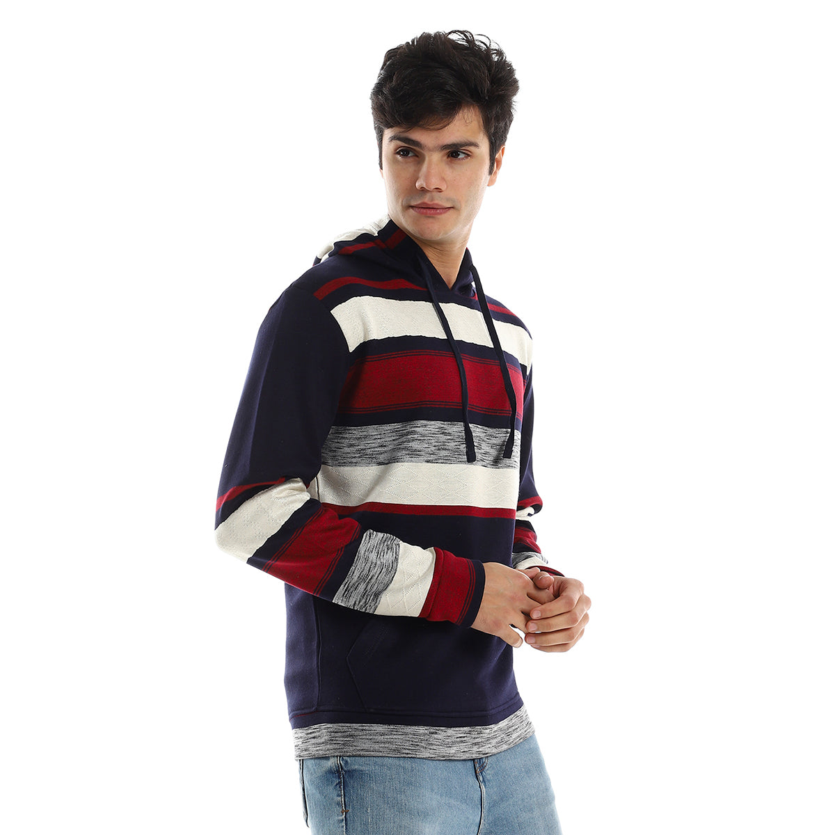 Red circle -  - Cotton Striped Slip On Hoodie - Navy Bue