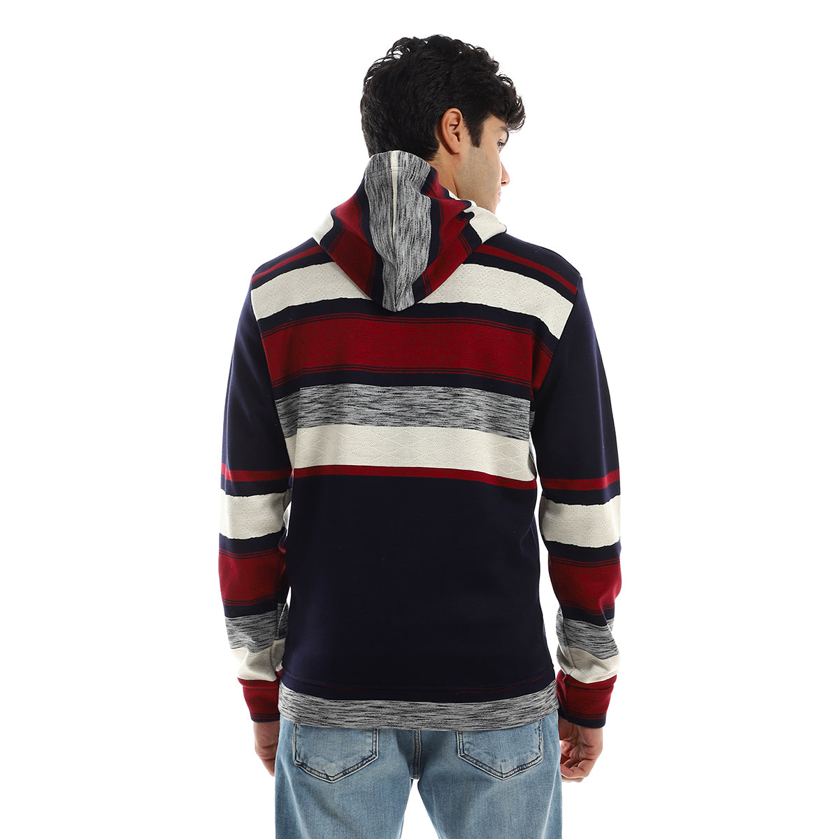 Red circle -  - Cotton Striped Slip On Hoodie - Navy Bue