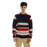 Red circle -  - Striped Round Neck Fleece Sweatshirt - Navy Bue