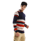 Red circle -  - Striped Round Neck Fleece Sweatshirt - Navy Bue