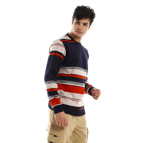 Red circle -  - Striped Round Neck Fleece Sweatshirt - Navy Bue