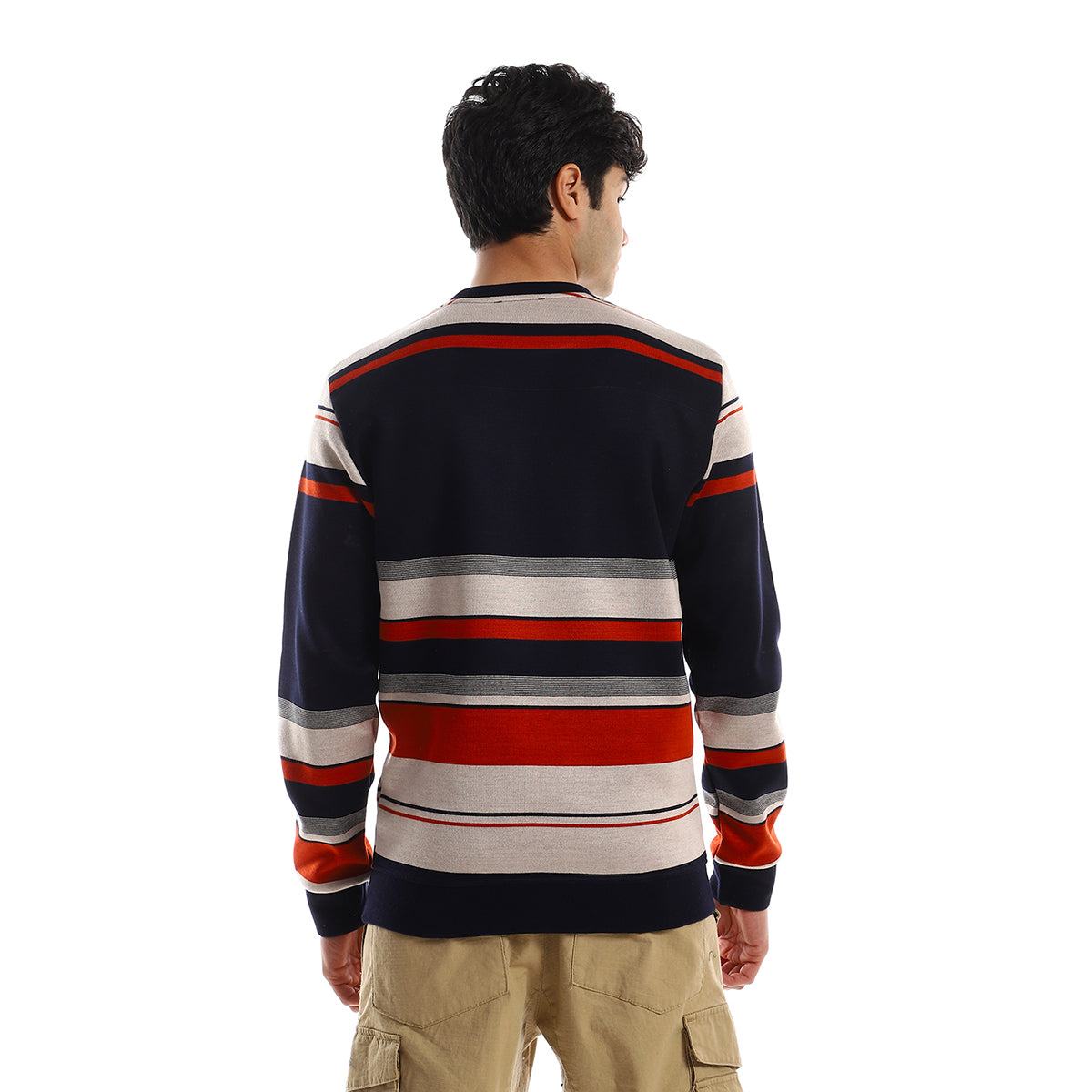 Red circle -  - Striped Round Neck Fleece Sweatshirt - Navy Bue