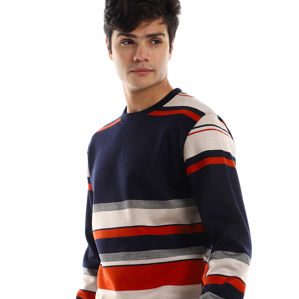 Red circle -  - Striped Round Neck Fleece Sweatshirt - Navy Bue