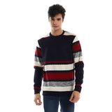 Red circle -  - Striped Round Neck Fleece Sweatshirt - Navy Bue
