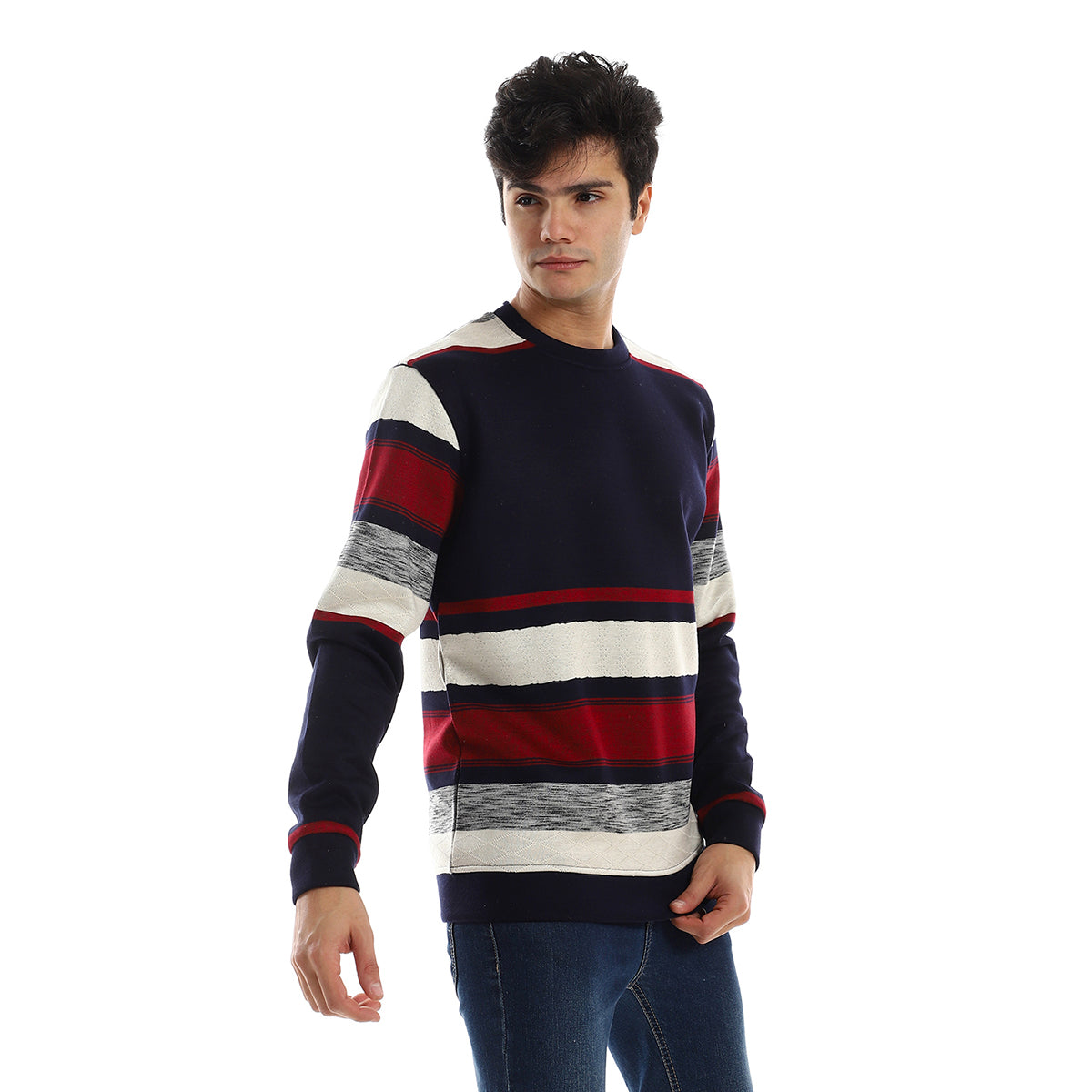 Red circle -  - Striped Round Neck Fleece Sweatshirt - Navy Bue