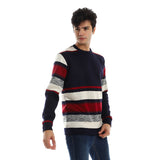 Red circle -  - Striped Round Neck Fleece Sweatshirt - Navy Bue