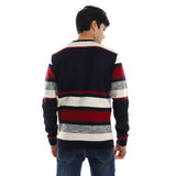 Red circle -  - Striped Round Neck Fleece Sweatshirt - Navy Bue