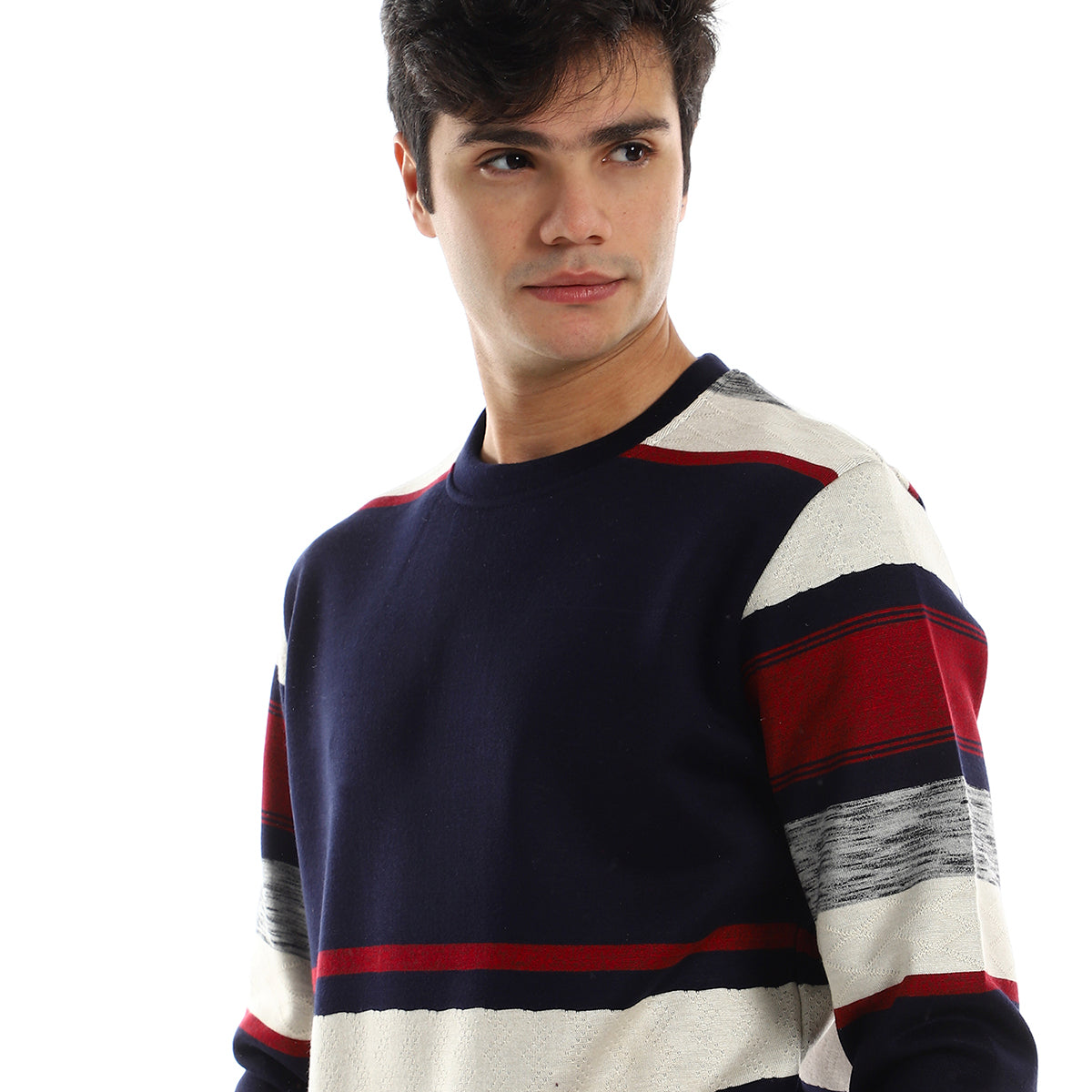 Red circle -  - Striped Round Neck Fleece Sweatshirt - Navy Bue