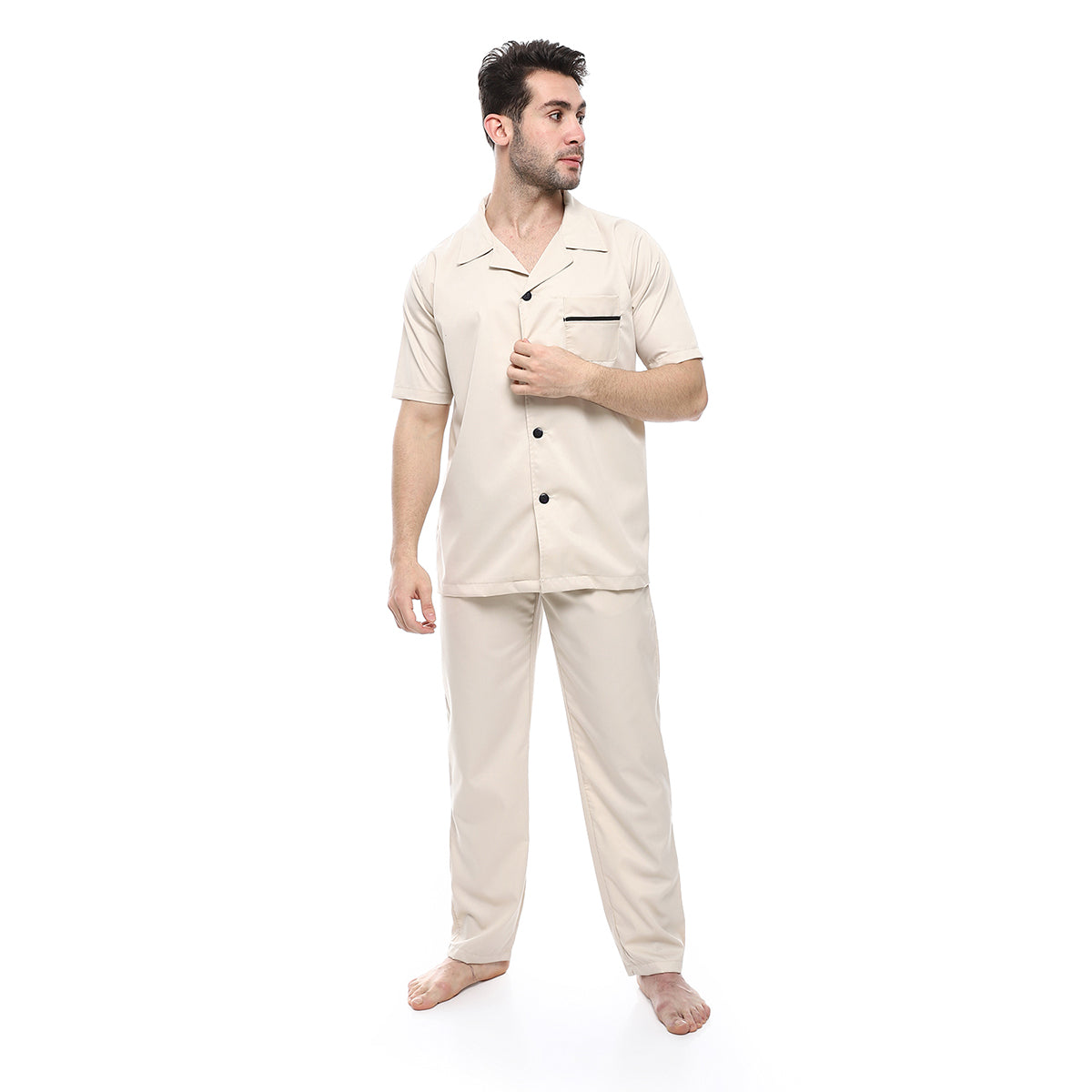 Red circle -  - Beige Turn Down Collar Elastic Waist Pajama Set