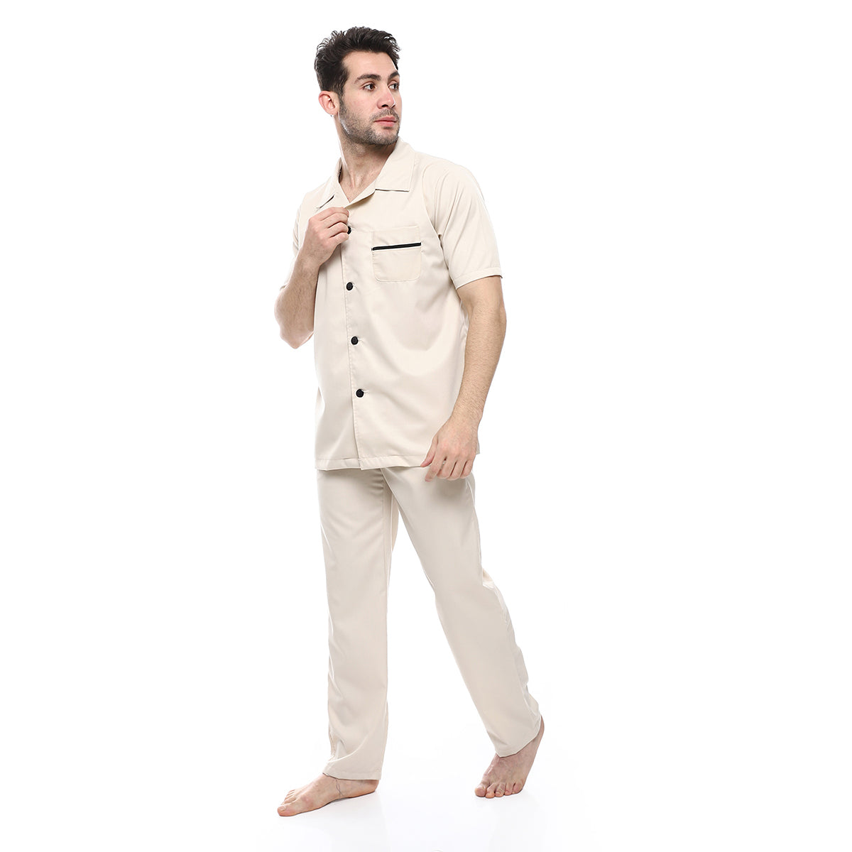 Red circle -  - Beige Turn Down Collar Elastic Waist Pajama Set