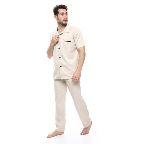 Red circle -  - Beige Turn Down Collar Elastic Waist Pajama Set