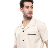 Red circle -  - Beige Turn Down Collar Elastic Waist Pajama Set