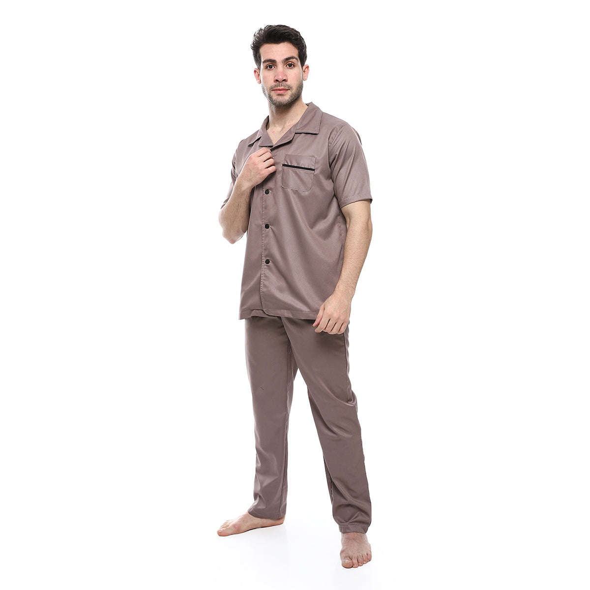 Red circle -  - Beige Turn Down Collar Elastic Waist Pajama Set