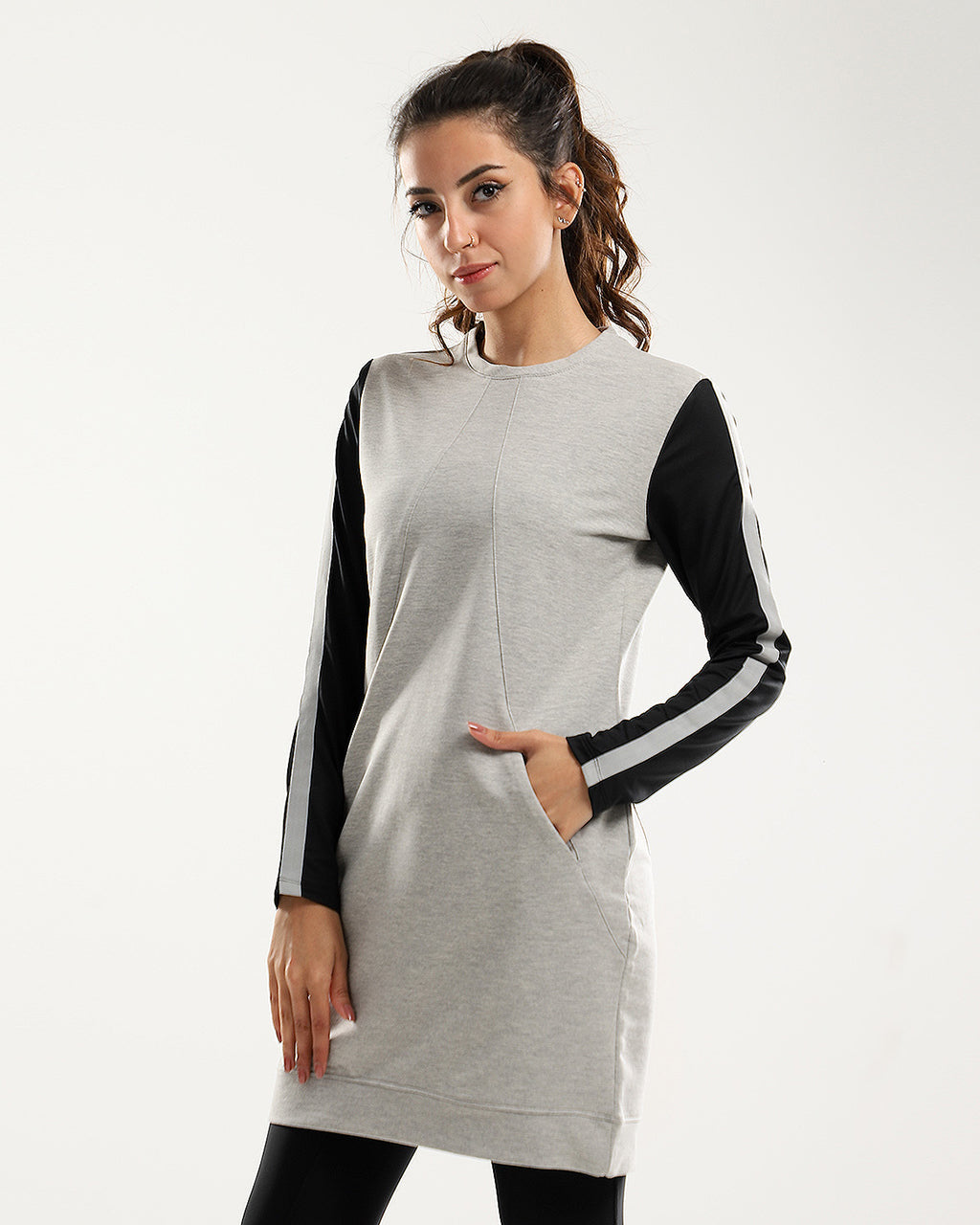 Black Sleeves Slip On Heather Grey Bi-Tone Long Sweatshirt