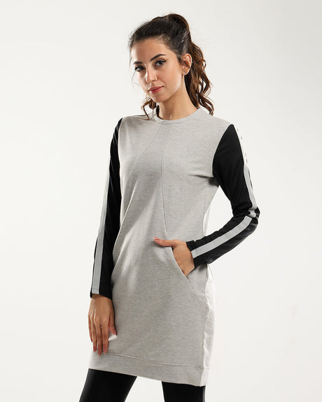 Black Sleeves Slip On Heather Grey Bi-Tone Long Sweatshirt