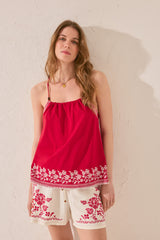 Women Secret-100% cotton red embroidered tank top- sold by FIG