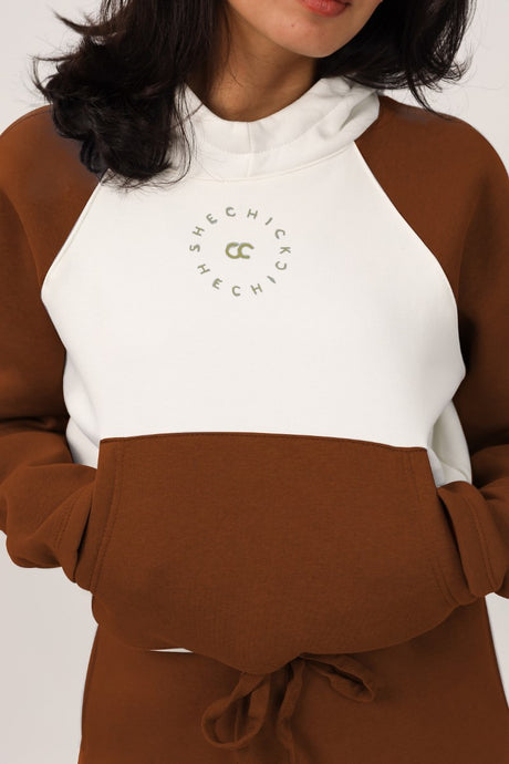 Shechick - White & Brown Cropped Hoodie