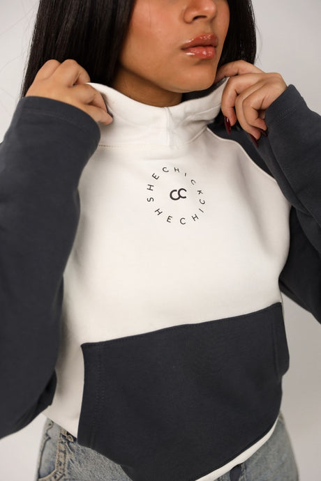 Shechick - White & Dark Grey Cropped Hoodie