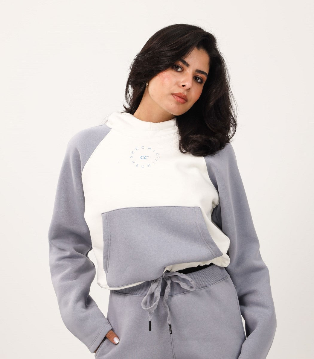 Shechick - White & Blue Cropped Hoodie