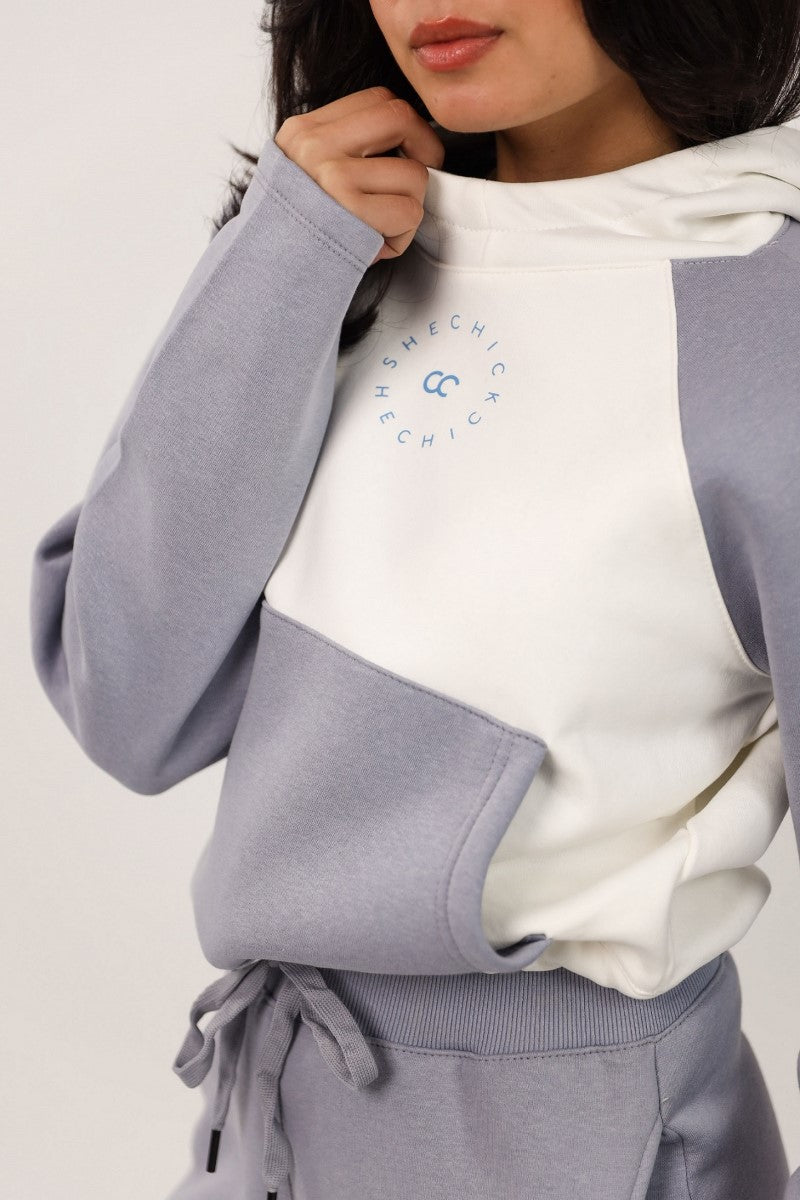 Shechick - White & Blue Cropped Hoodie