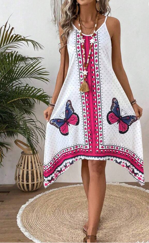 Breezaya Women's Butterfly Print Asymmetrical Hem Vacation Dress Vacation Beach Outfit