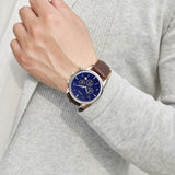 TRNDA STAINLESS STEEL ROUND WATCH - TIMELESS BLUE DIAL & BROWN LEATHER BAND Men's Fashion Statement
