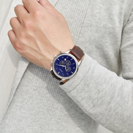 TRNDA STAINLESS STEEL ROUND WATCH - TIMELESS BLUE DIAL & BROWN LEATHER BAND Men's Fashion Statement