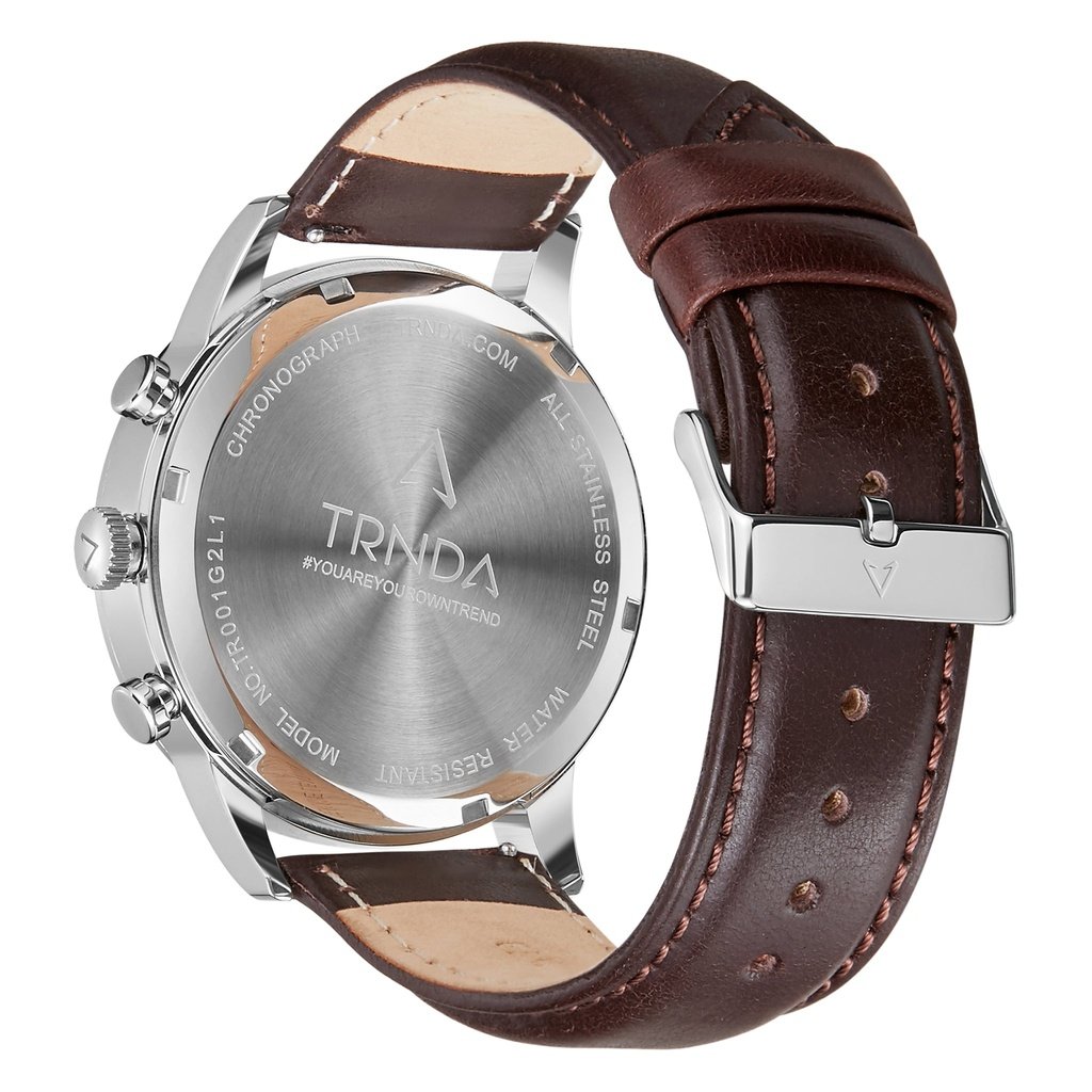 TRNDA MEN'S TIMEPIECE - STAINLESS STEEL & BROWN LEATHER - SILVER WHITE DIAL ELEGANCE
